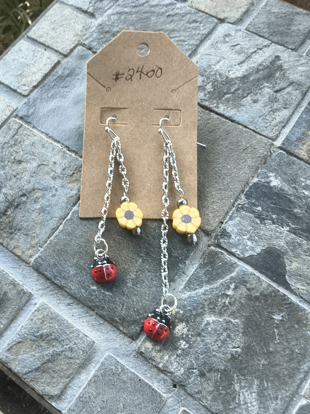 Kids Yellow Flower & Red Ladybug Dangle Earrings - Silver Chains